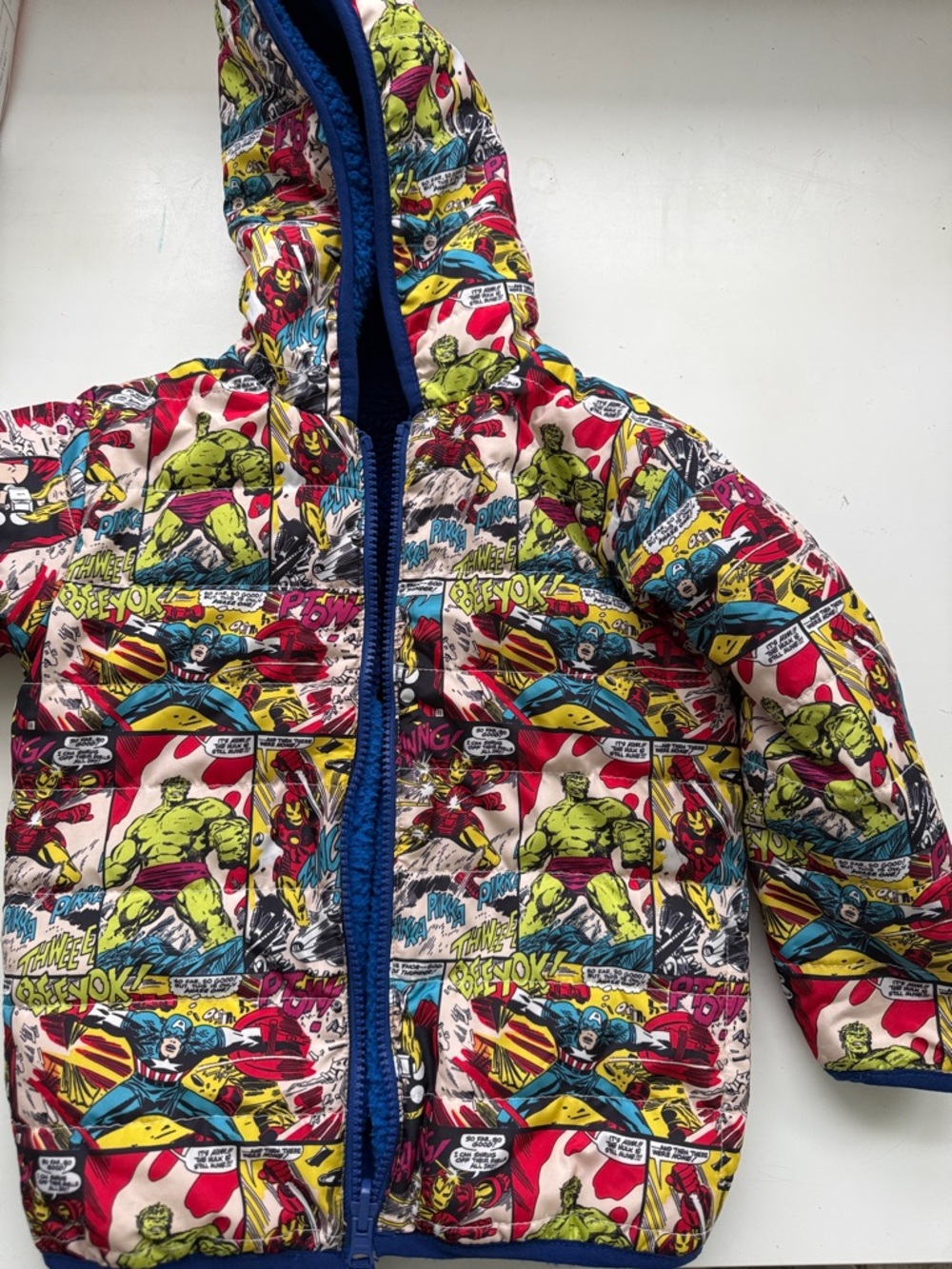 adidas Kids Marvel Comic Print Puffer Jacket - Red, Yellow, Blue, Green, Black